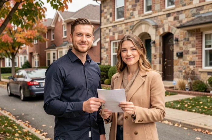 Couple de propriétaires devant leur maison tenant les clés et un contrat d'assurance habitation