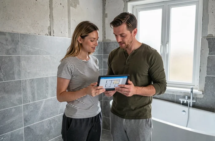 Couple consultant une application de design intérieur sur tablette dans une salle de bain en cours de rénovation avec carrelage en grès cérame