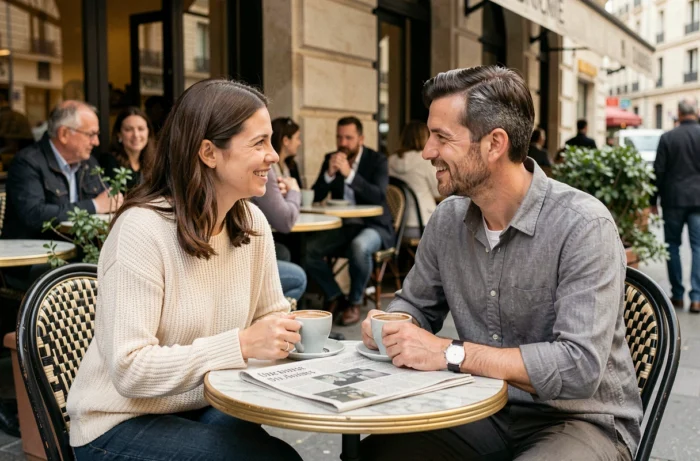 Couple détendu attablé en terrasse d'un café parisien, moment de vie quotidienne partagée dans un cadre authentique