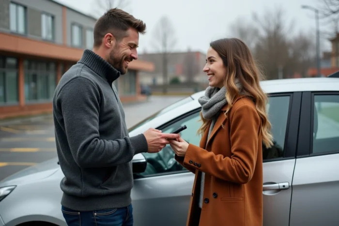 Conducteur et passagère finalisant un paiement Blablacar après un trajet en covoiturage