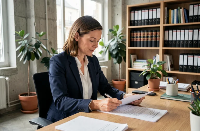 Femme entrepreneur française en blazer marine consultant des documents de création d'entreprise dans un espace de coworking parisien moderne