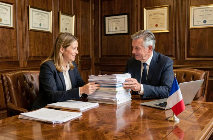 Deux professionnels français examinant des documents administratifs et juridiques pour la création et la gestion d'une entreprise en France