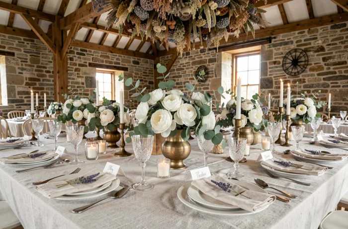 Table de mariage décorée avec pivoines, verrerie vintage et bougies dans une grange en pierre rénovée