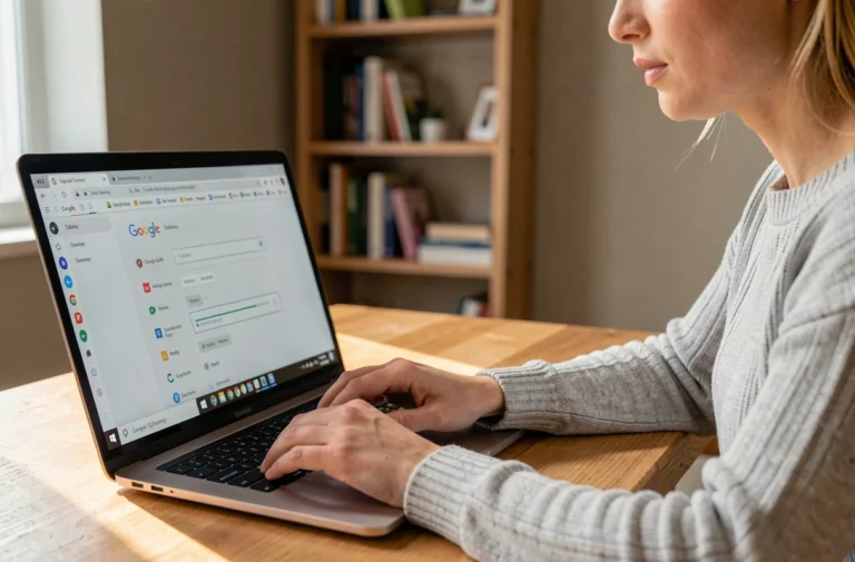 Femme désactivant la recherche Yahoo dans les paramètres de Google Chrome sur un ordinateur portable