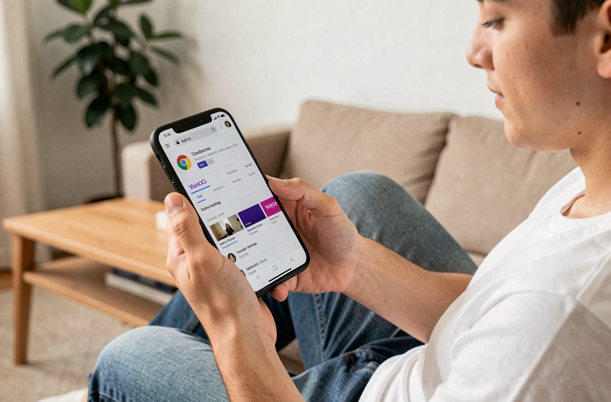 Jeune personne désactivant Yahoo comme moteur de recherche par défaut sur Chrome mobile depuis un smartphone