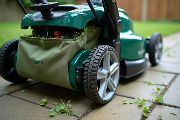 Détail du bac de ramassage de la tondeuse Bosch AdvancedRotak 770 rempli de tontes d'herbe fraîche