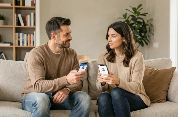 Deux parents discutant de la gestion de comptes numériques séparés sur leurs smartphones dans un salon contemporain