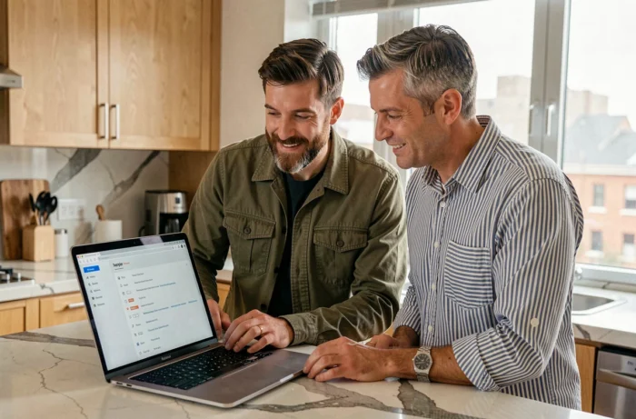 Deux pères explorant ensemble le plan du site Mister Papa dans une cuisine moderne