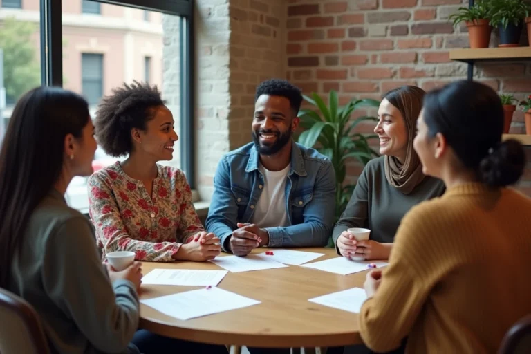 Groupe multiculturel d'adultes en discussion autour d'une table dans un centre communautaire moderne, symbolisant la diversité culturelle et le dialogue interculturel