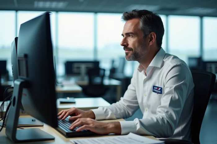Employé Air France au sol accédant à son espace personnel Intralignes sur un ordinateur de bureau dans un bureau administratif d'aéroport