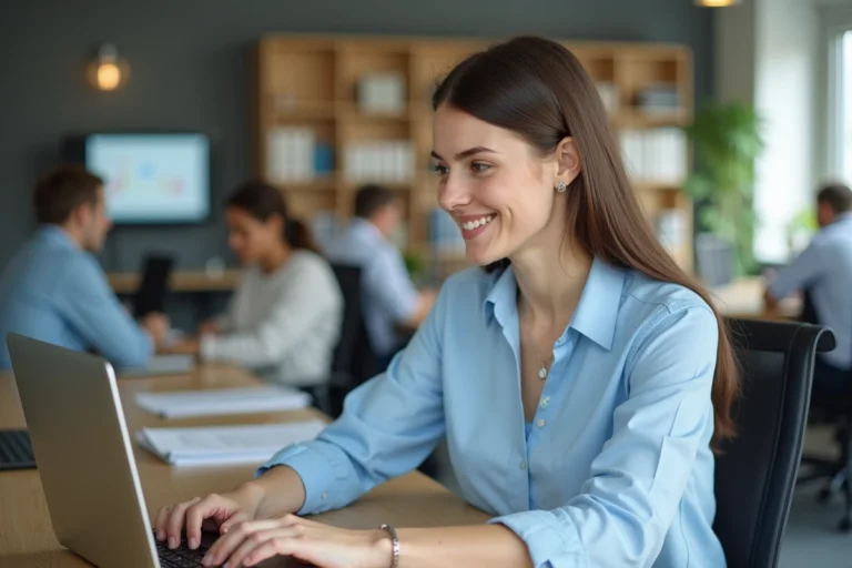 Enseignante de l'académie d'Amiens consultant le portail Arena sur son ordinateur portable dans un bureau professionnel