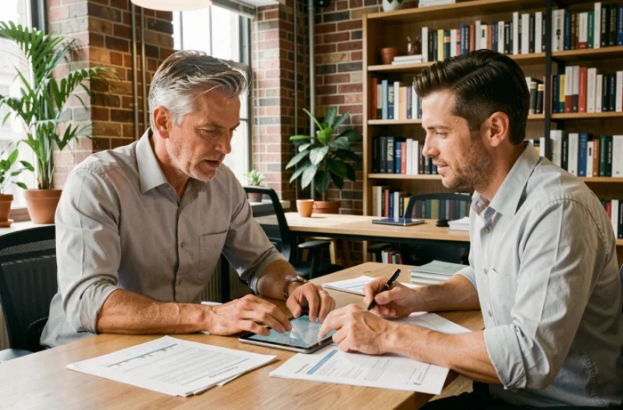 Entrepreneur discutant avec un conseiller professionnel dans un espace de coworking moderne