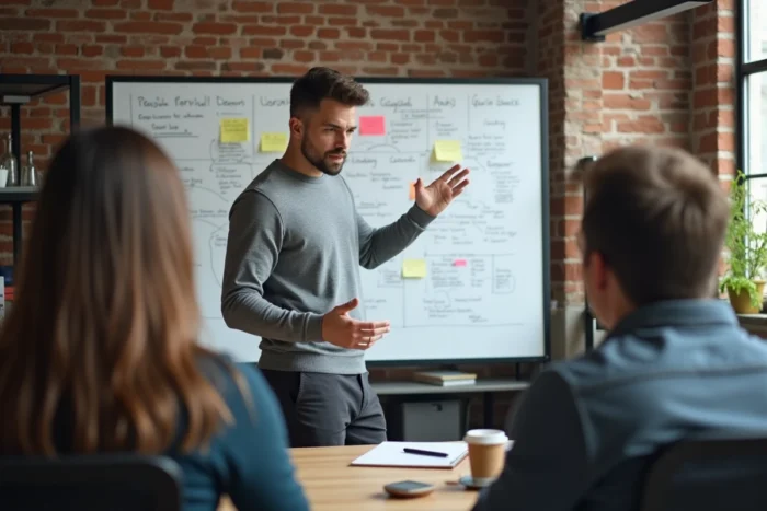 Entrepreneur présentant une stratégie de startup sur un tableau blanc dans un espace de coworking