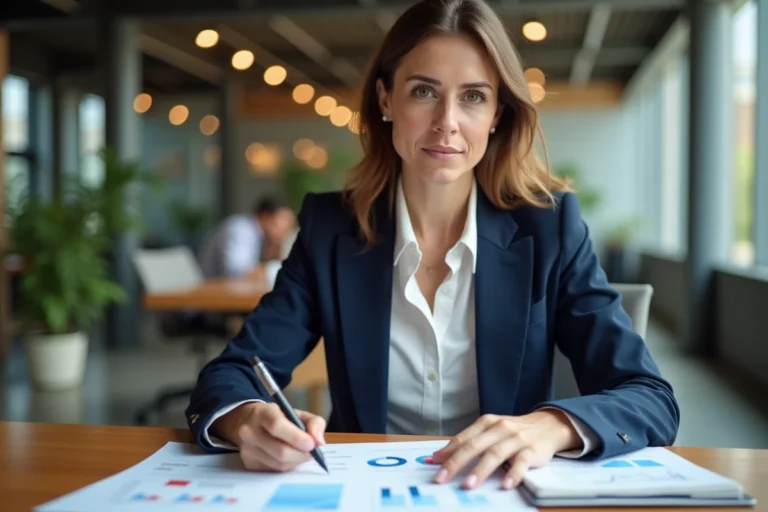 Entrepreneure analysant des tendances business à son bureau dans un espace de travail moderne