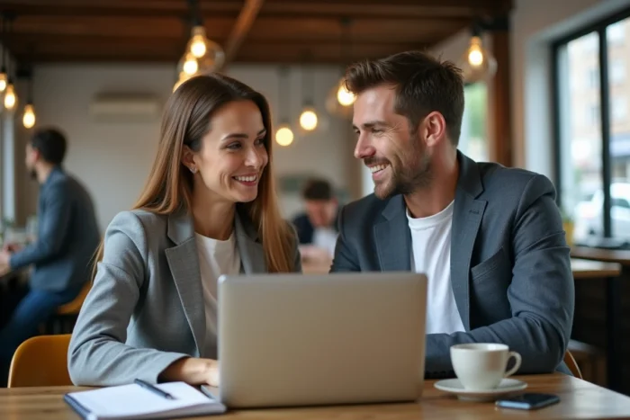 Deux entrepreneurs discutant de nouvelles tendances autour d'un café dans un espace urbain