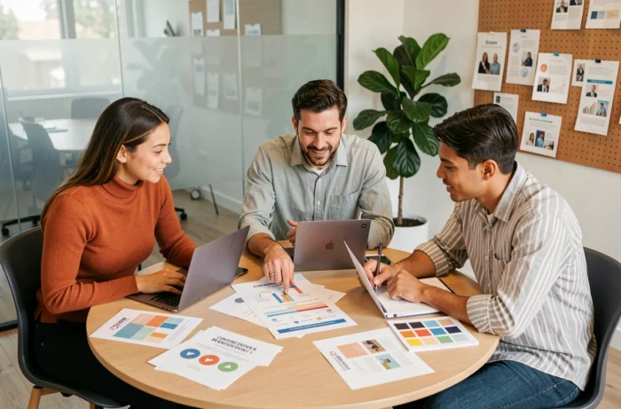 Équipe marketing multiculturelle collaborant sur des stratégies de campagne tendance en salle de réunion moderne