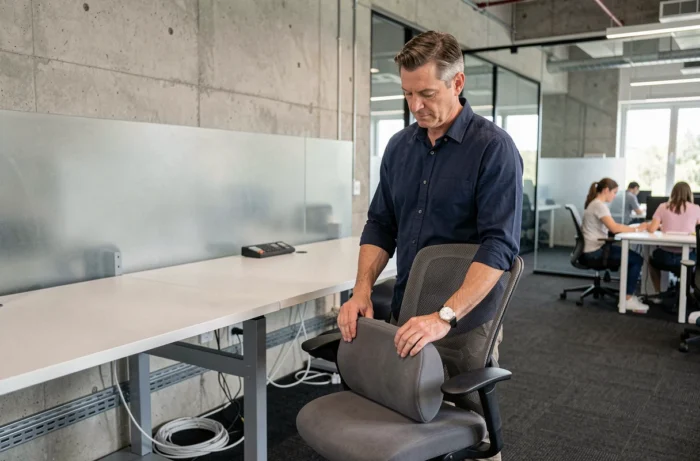 Homme debout près d'un bureau réglable en hauteur dans un open space, évaluant un coussin lombaire pour sa chaise de bureau ergonomique