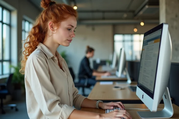 Jeune femme gérant ses démarches sur l'espace bénéficiaire Logisfil depuis un espace de coworking