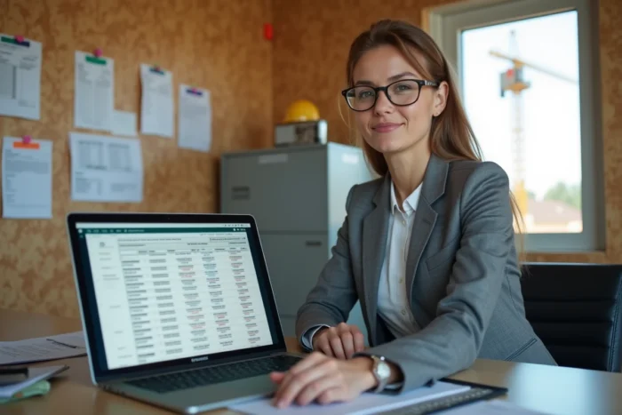 Estimatrice BTP calculant les marges sur un devis via un tableau de bord chiffré dans un bureau de chantier