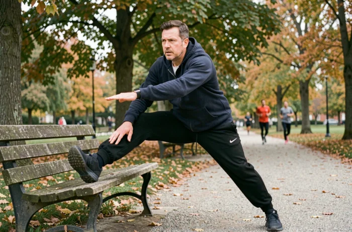 Homme d'âge moyen s'étirant sur un banc dans un parc automnal, intégrant l'exercice physique dans sa routine de santé quotidienne