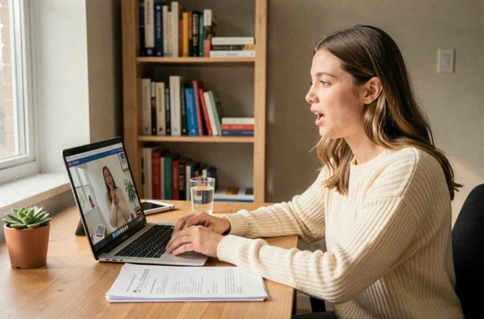 Jeune femme pratiquant des exercices d'orthophonie en téléconsultation depuis son bureau à domicile