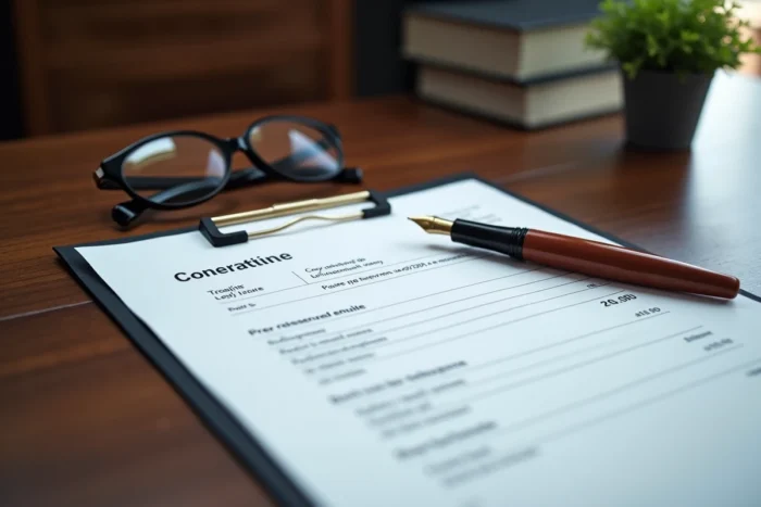 Gros plan d'une facture d'honoraires d'avocat détaillée posée sur un bureau en bois avec un stylo plume