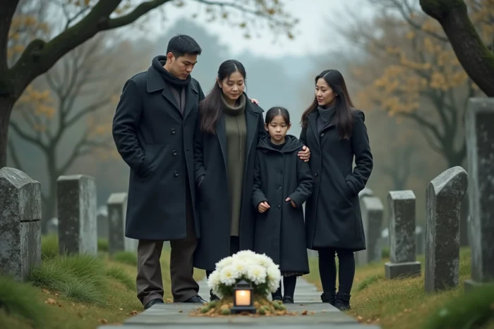 Famille réunie autour d'une tombe fleurie pour rendre hommage à une maman décédée au cimetière