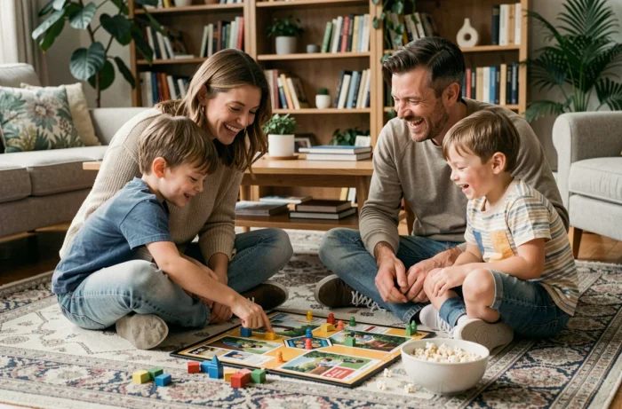 Une famille jouant à un jeu de société ensemble sur le sol du salon, partageant un moment de complicité