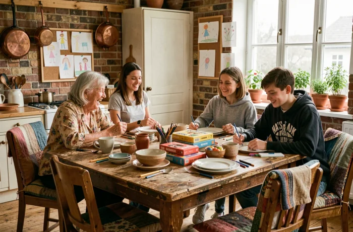 Famille multigénérationnelle réunie autour d'une grande table rustique avec jeux de société et activités créatives dans une cuisine chaleureuse et éclectique