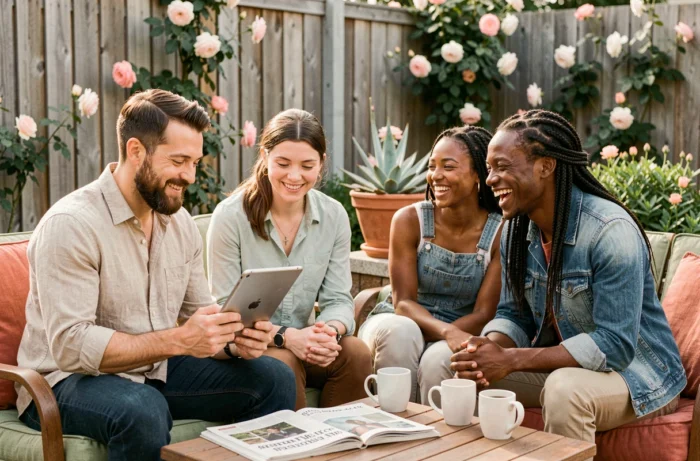 Famille recomposée et multiculturelle profitant d'un moment détendu en terrasse le dimanche matin avec café et tablette numérique