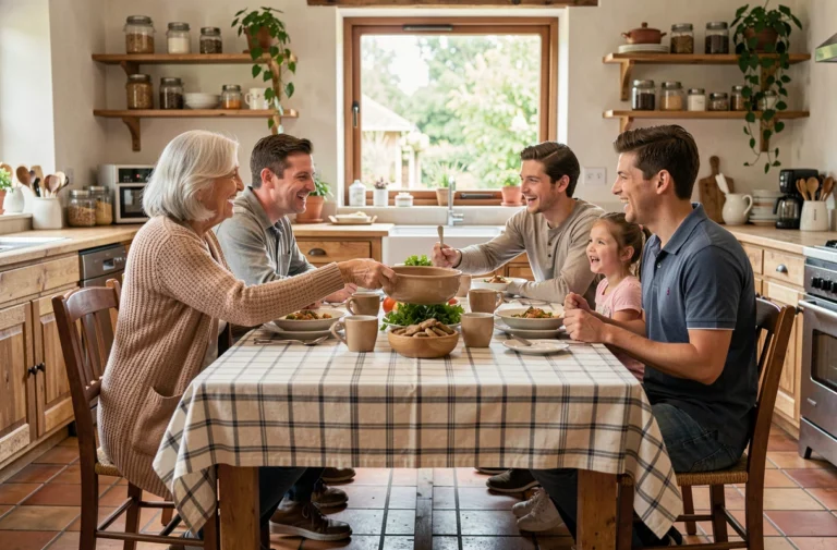 Une famille multigénérationnelle réunie autour d'un repas convivial dans une cuisine rustique chaleureuse