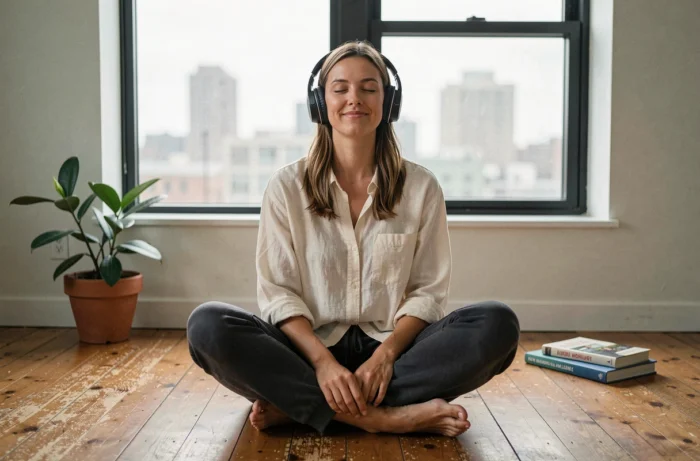 Femme en train d'écouter de la musique au casque, assise sur le sol d'un appartement, expression sereine et détendue illustrant les bienfaits de la musique sur la santé mentale