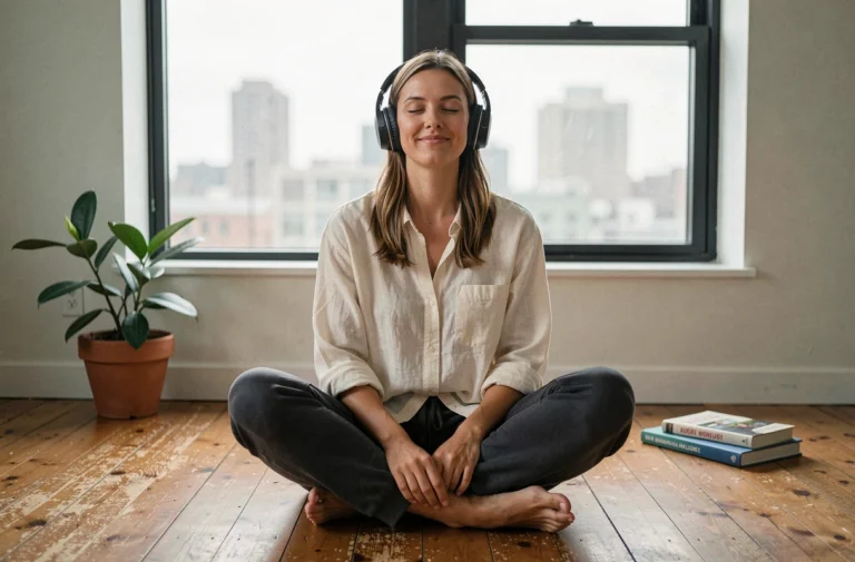 Femme en train d'écouter de la musique au casque, assise sur le sol d'un appartement, expression sereine et détendue illustrant les bienfaits de la musique sur la santé mentale