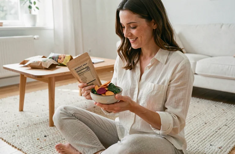 Femme lisant les étiquettes nutritionnelles de chips végétales colorées lors d'un apéritif sain à la maison