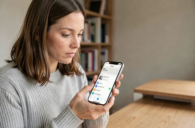Femme consultant le code IMEI de son iPhone dans les paramètres de l'appareil, assise à un bureau à domicile
