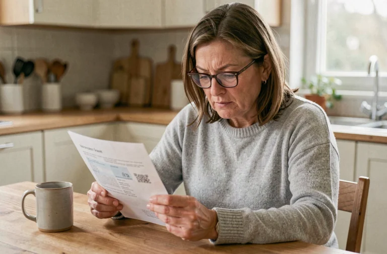 Femme consultant un relevé de Livret A à la maison pour trouver son numéro de compte bancaire