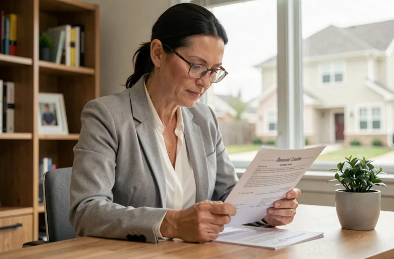 Femme consultant un contrat d'assurance immobilière à son bureau à domicile