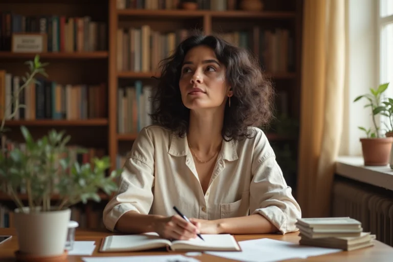 Femme écrivant un poème dans un carnet ouvert sur un bureau en bois entouré de notes manuscrites