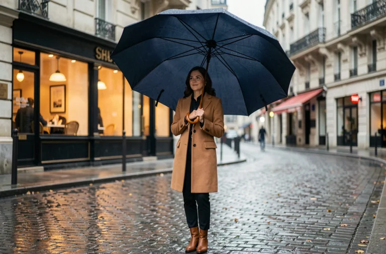 Femme élégante tenant un parapluie de marque en tissu marine sur les pavés parisiens en automne