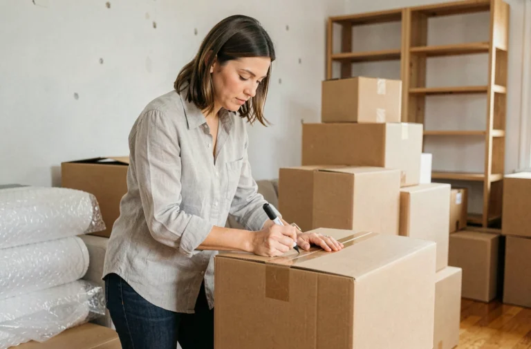Femme étiquetant des cartons de déménagement dans un salon organisé avant un déménagement