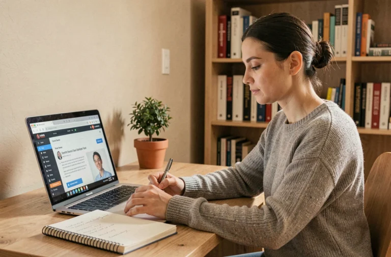 Femme en télétravail suivant une formation à distance sur son ordinateur portable dans un bureau à domicile chaleureux