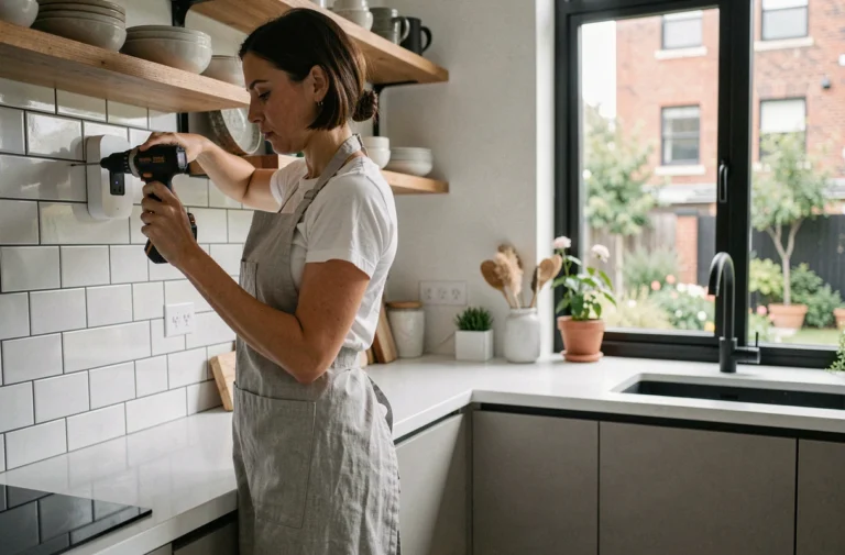 Femme installant un équipement domotique intelligent dans une cuisine moderne rénovée avec des étagères en bois et un carrelage blanc