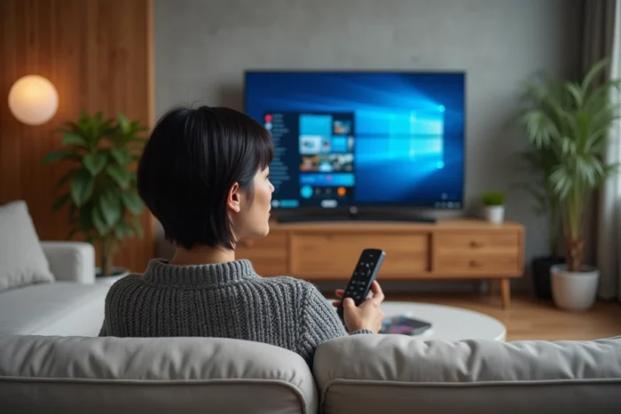Femme parcourant une interface de streaming innovante sur un grand téléviseur OLED dans un salon moderne et cosy
