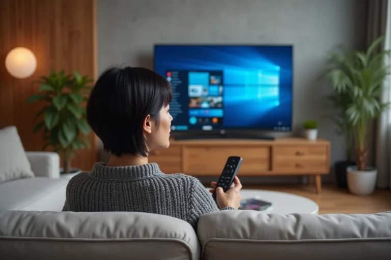 Femme parcourant une interface de streaming innovante sur un grand téléviseur OLED dans un salon moderne et cosy