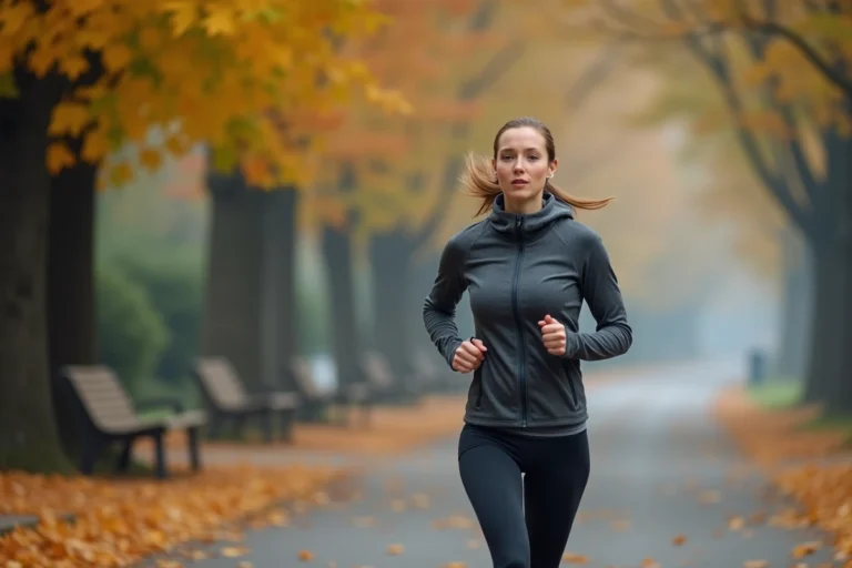 Femme joggeuse en tenue technique courant dans un parc urbain en automne, illustration tendances sport et bien-être