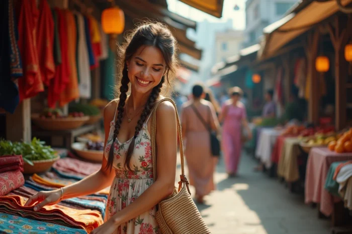 Femme explorant un marché artisanal coloré en Asie du Sud-Est, voyage culturel au féminin et découverte locale