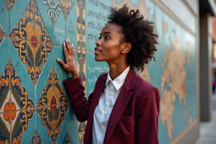 Jeune femme métisse contemplant une fresque murale mosaïque représentant des symboles culturels du monde entier, métaphore visuelle de la diversité culturelle et de l'identité plurielle