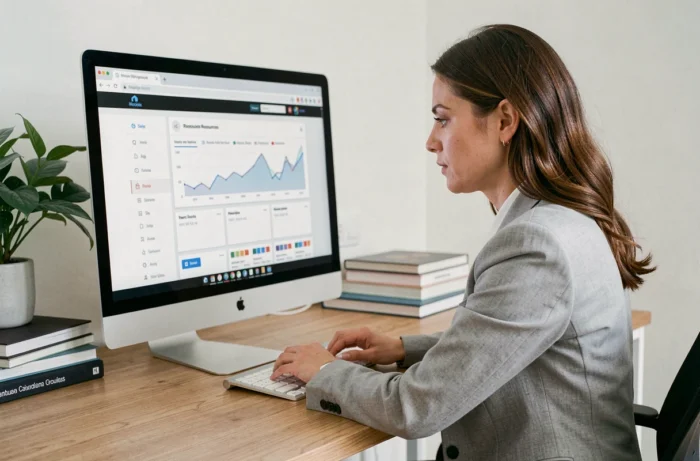 Femme professionnelle naviguant dans un index de ressources financières en ligne sur un grand écran d'ordinateur dans un bureau à domicile moderne
