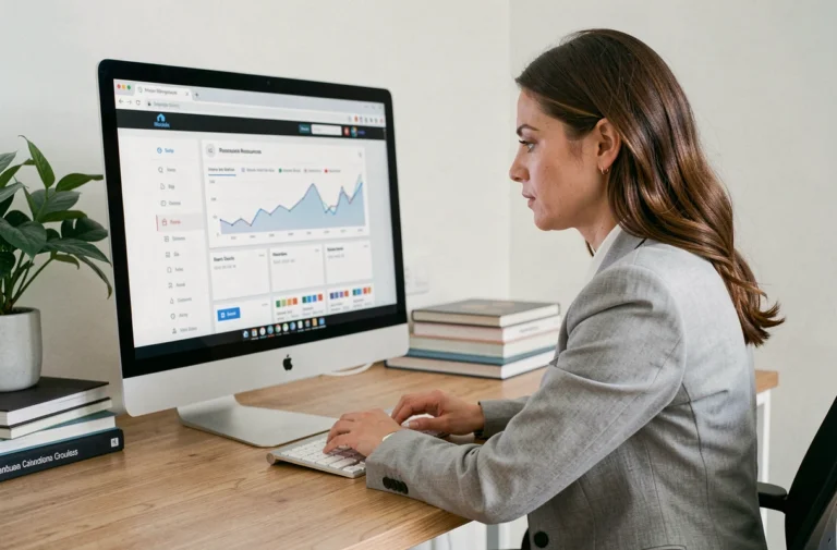 Femme professionnelle naviguant dans un index de ressources financières en ligne sur un grand écran d'ordinateur dans un bureau à domicile moderne