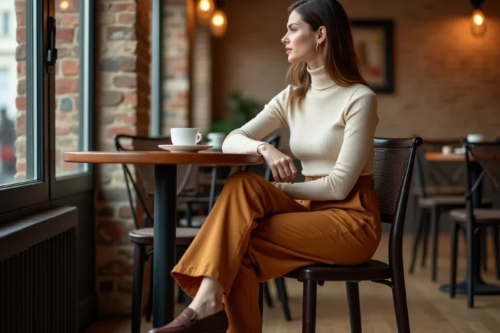 Femme assise en café portant un pantalon camel et des mocassins marron chocolat assortis